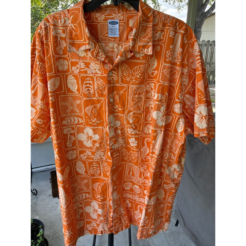 Old Navy SZ XXL (2X) Hawaiian Surf Sailfish Hibiscus Button-down Pocket Cotton